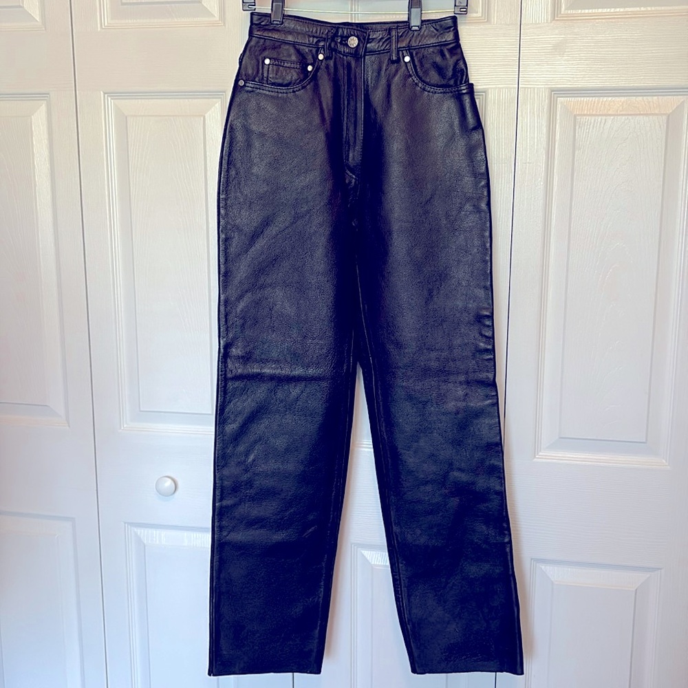 Vintage Genuine Black Sturdy Cowhide Leather Straight Pants Jean Rivets Size 6
